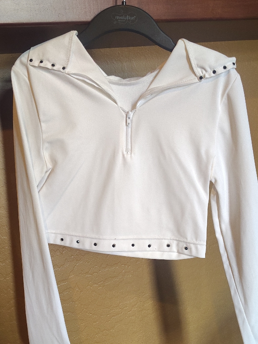 White Long-Sleeve Zip Crop Top Dance with Stud Detail -